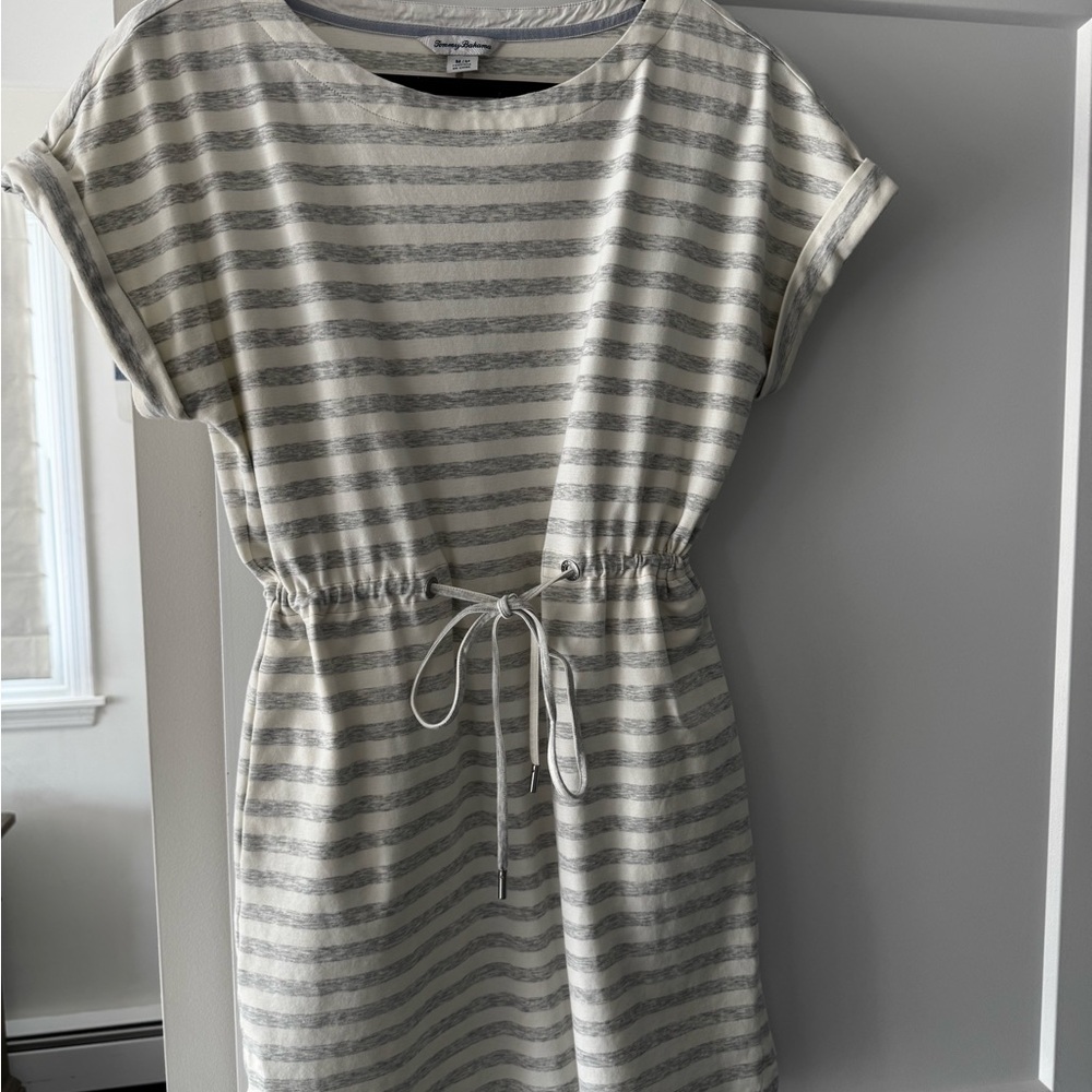 Tommy Bahama Striped Drawstring Mini Dress in Cream & Gray